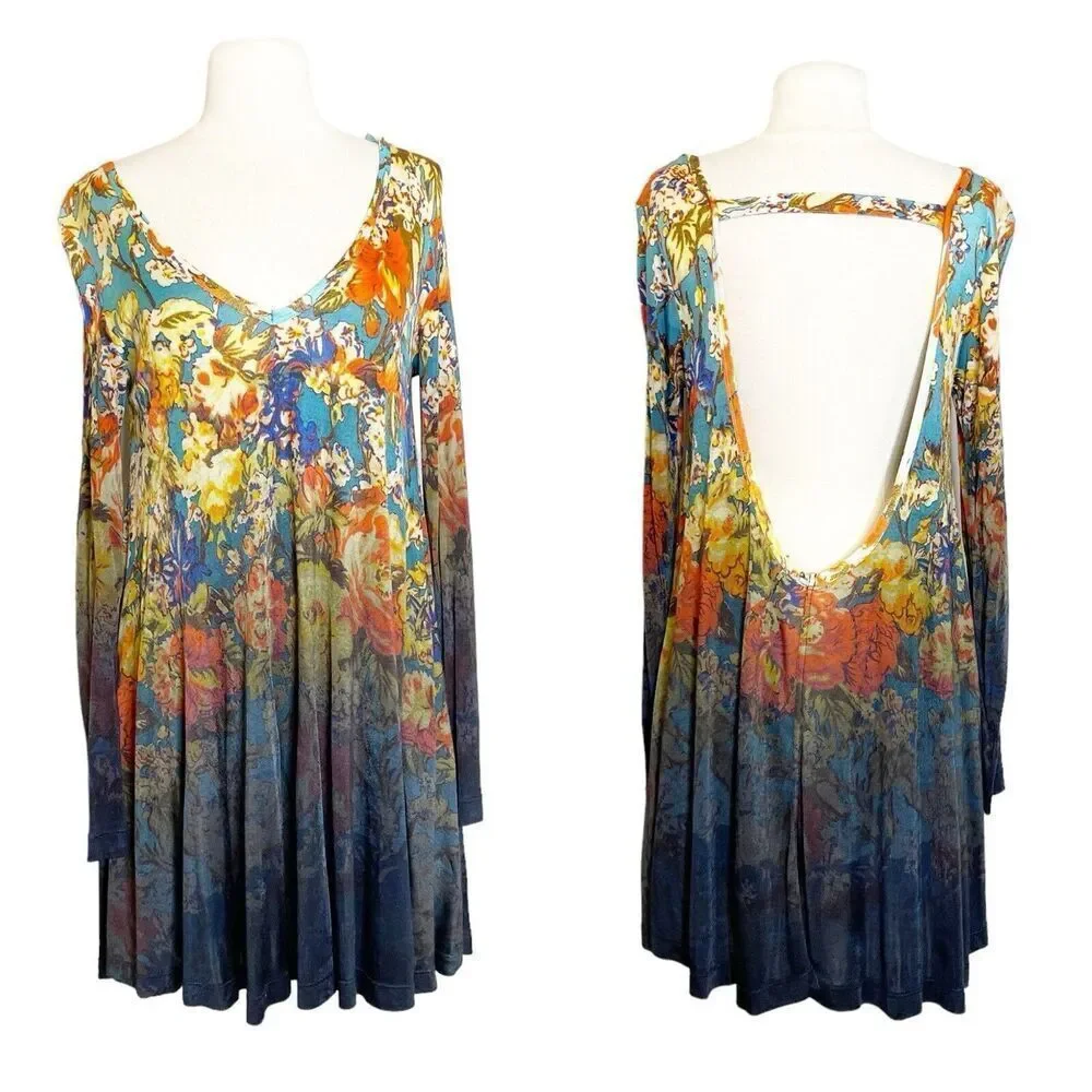 Free People XS Annette‎ Floral Tunic Mini Dress Boho Ombre Flowy Rayon Stretch